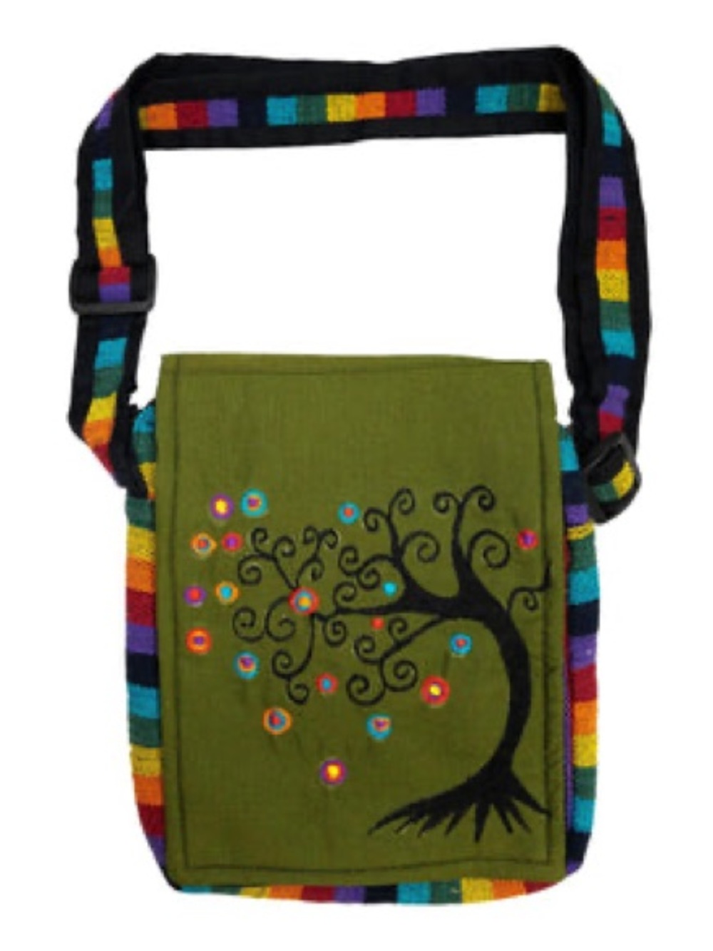 Olive Green Tree Embroidered Crossbody Bag - Rainbow Trim